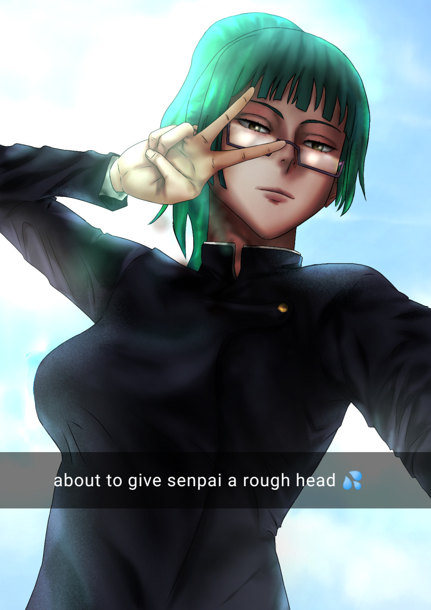 1girls chihirosennin english_text female female_only glasses green_hair hand_sign jujutsu_kaisen looking_over_eyewear looking_over_glasses snapchat solo solo_female tagme text upper_body zenin_maki