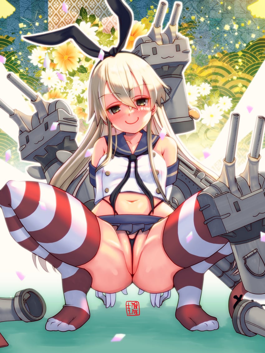 anchor_hair_ornament black_hair_ornament black_hairband black_panties black_underwear blonde_hair blue_skirt clothing crop_top elbow_gloves female female gloves grey_eyes hair_ornament hairband high_resolution highleg highleg_panties hozumik kantai_collection long_hair microskirt pantsu pleated_skirt rensou rensouhou-chan rigging school_uniform serafuku shimakaze_(kantai_collection) skirt smile spread_legs squatting striped striped_legwear thighhighs thong underwear uniform white_gloves