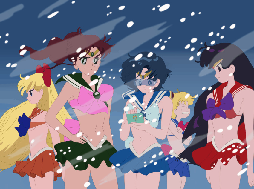 5girls ami_mizuno artist_request bishoujo_senshi_sailor_moon blonde_hair blue-tinted_eyewear blue_eyes blue_hair blue_skirt bow bra brown_hair closed_eyes clothing color colored female female_only glasses green_eyes green_skirt hair_ribbon hairbow long_hair makoto_kino minako_aino multiple_girls orange_bra orange_skirt ponytail purple_eyes purple_hair red_bra red_skirt rei_hino sailor_collar sailor_jupiter sailor_mars sailor_mercury sailor_moon sailor_venus screenshot_edit shivering short_hair skirt small_breasts snow tagme tinted_eyewear usagi_tsukino very_long_hair visor