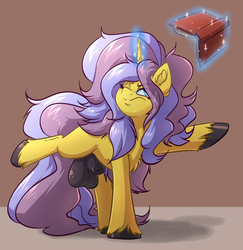 absurd_res animal_genitalia balls equid equine fan_character feral fur genitals girly hair hasbro hi_res horn male mammal my_little_pony purple_hair sheath solo unicorn witchtaunter yellow_body yellow_fur