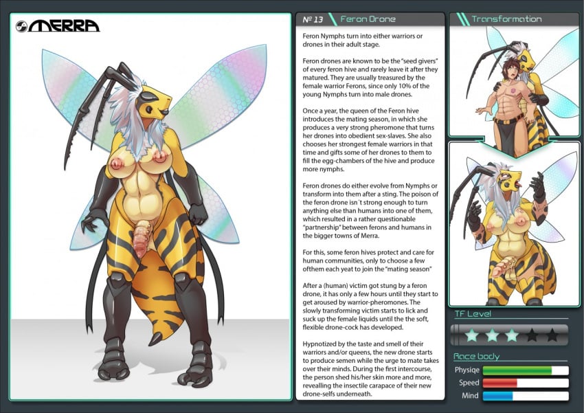 1boy 2futas abs antennae_(anatomy) arthropod arthropod_abdomen breasts character_sheet creature_index description duo english_text feron_(lunate) forced forced_transformation futanari futanari_transformation gender_transformation genitals hair herm herm/male humanoid hymenopteran insects intersex intersex/male long_hair lunate male male_to_futa monster_girl nubbed_penis penis skin_ripping species_sheet species_transformation stinger text transformation wasp wings yellow_body yellow_skin