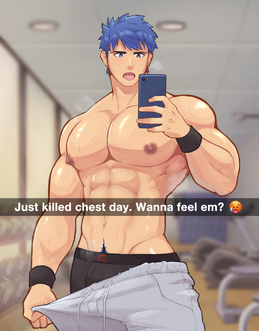 1boy abs absurd_res bara big_muscles big_pecs black_underwear blue_eyes blue_hair bottomwear bracelet dialogue edit emoji fire_emblem fire_emblem:_path_of_radiance fire_emblem:_radiant_dawn gym high_resolution highres holding_object holding_phone huge_pecs human human_only ike_(fire_emblem) jonpeito male male_boobs male_focus male_only man_boobs manboobs moobs muscles muscular muscular_male nintendo nipples open_mouth pants pants_down pecs pectorals phone selfie sexting six_pack snapchat solo solo_focus solo_male sweat sweatdrop sweating text tongue tongue_out topless underwear white_skin