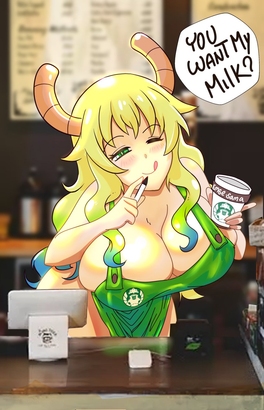 1girls apron blonde_hair dragon_girl dragon_horns emsesama english_text iced_latte_with_breast_milk light-skinned_female light_skin meme miss_kobayashi's_dragon_maid naked naked_apron one_eye_closed quetzalcoatl_(dragon_maid) starbucks three_tone_hair