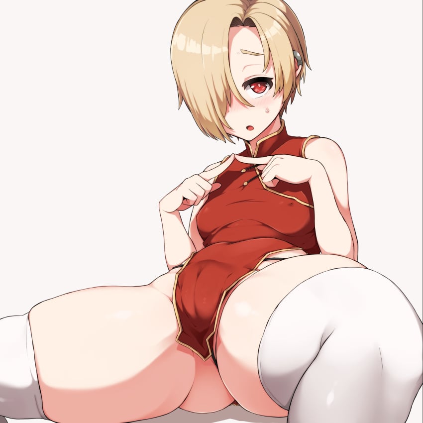 1:1 1girls aki_(sangetusei) ass blonde_hair breasts cameltoe china_dress chinese_clothes clothing dress ear_piercing erect_nipples erect_nipples_under_clothes female fully_clothed hair_over_one_eye high_resolution idolmaster idolmaster_cinderella_girls legwear long_bangs looking_at_viewer microdress nipples pelvic_curtain piercing red_eyes shiny shiny_hair shiny_skin shirasaka_koume short_dress short_hair small_breasts solo spread_legs thick_thighs thighhighs thighs thong very_short_hair white_legwear