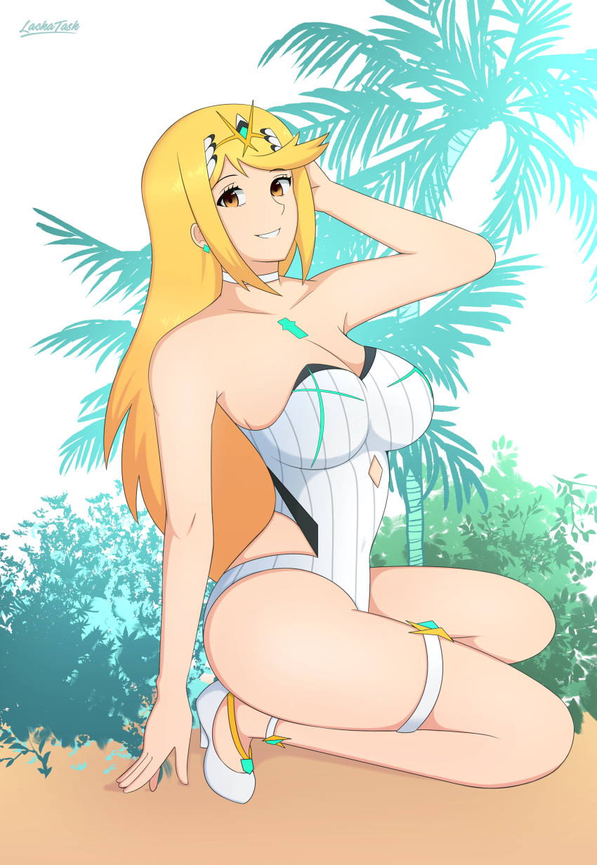 1girls amber_eyes big_breasts blonde_hair breasts choker earrings female_only hair_ornament lackatask long_hair mythra nintendo one_piece_swimsuit outdoors palm_tree pose sand smiling solo solo_female tagme thigh_strap thighs xenoblade_(series) xenoblade_chronicles_2