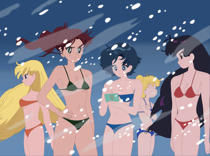 5girls ami_mizuno artist_request bishoujo_senshi_sailor_moon blonde_hair blue_bra blue_eyes blue_hair blue_panties bra brown_hair cleavage closed_eyes color colored female female_only green_bra green_eyes green_panties hand_on_hip long_hair makoto_kino minako_aino multiple_girls orange_bra orange_panties panties ponytail purple_eyes purple_hair red_bra red_panties rei_hino screenshot_edit shivering small_breasts snow tagme usagi_tsukino very_long_hair wind