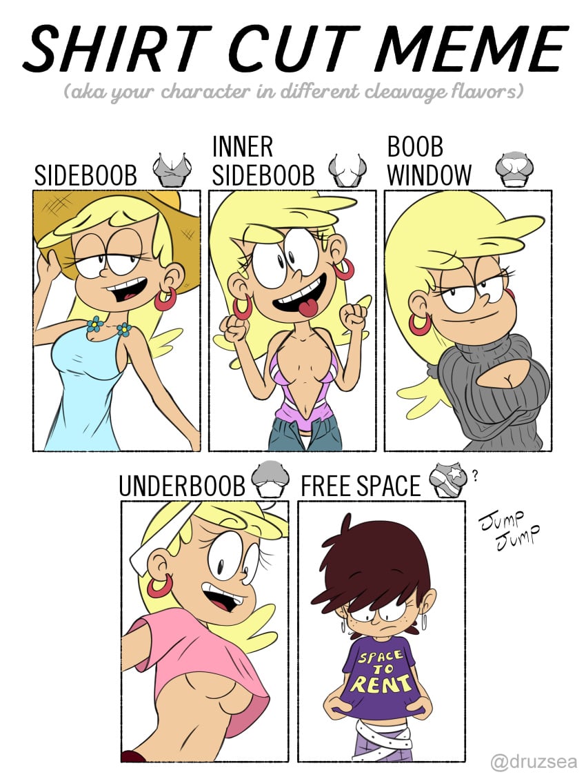 2girls breasts clothed druzsea female funny jumpjump leni_loud long_hair luna_loud nickelodeon shirt_cut_meme smile the_loud_house