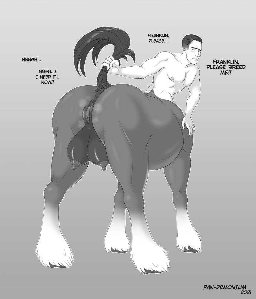 2021 andromorph ass begging bite biting_lip black_and_white blush centaur crotchboobs cuntboy dialogue english_text equid equid_taur equine erect_nipples fetlocks frankly-art grey_background greyscale hand_on_hip hand_on_leg hand_on_thigh hi_res hooves humanoid humanoid_taur in_heat intersex jefftaur male mammal mammal_taur monochrome nipples nude pecs rear_view simple_background solo steam tail_grab tail_pull taur text udders