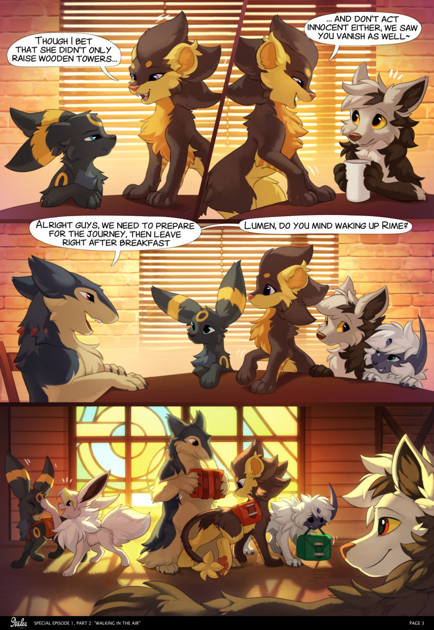 2021 9tales_comic absol backlighting black_body black_claws black_fur breanna_(9tales) cabin canid canine claws comic detailed_background dialogue digital_media_(artwork) eevee eeveelution english_text episode_1 facial_tuft fangs female feral fur furniture genitals hi_res hioshiru inside kalani_(9tales) kejifox light lighting lumen_(9tales) luxray male mammal mightyena morning nintendo page_3 part_2 pokemon pokemon_(species) pussy rime_(9tales) roy_(9tales) sammy_(9tales) shaded speech_bubble table text typhlosion umbreon video_games window