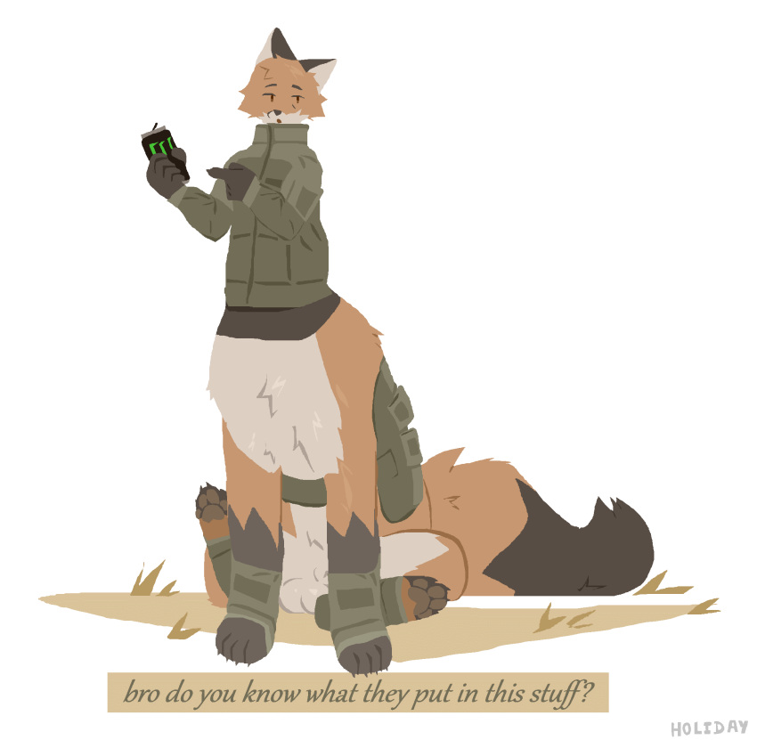 2020 animal_genitalia balls bottomless canid canid_taur canine canine_taur cheek_tuft clothed clothing dialogue digital_media_(artwork) english_text facial_tuft feet flaccid fox fox_taur fur genitals gesture grass head_tuft hi_res hindpaw holidaydipstick jacket looking_at_viewer male mammal mammal_taur monster_energy on_grass on_ground open_mouth orange_body orange_fur outside partially_clothed paws penis plant pointing sheath sitting solo taur text topwear tuft