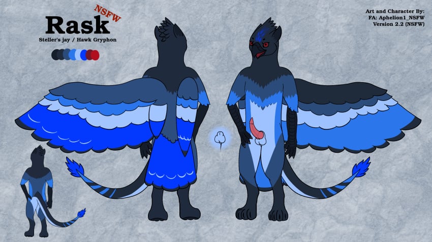 2021 accipitrid accipitriform anthro aphelion1 ass avian balls beak biped bird corvid digital_media_(artwork) english_text erection feathered_wings feathers fur genitals gryphon hi_res hybrid jay_(bird) looking_at_viewer male model_sheet mythological_avian mythology new_world_jay nude open_mouth oscine passerine penis rask_(aphelion1) simple_background solo standing steller's_jay text wings