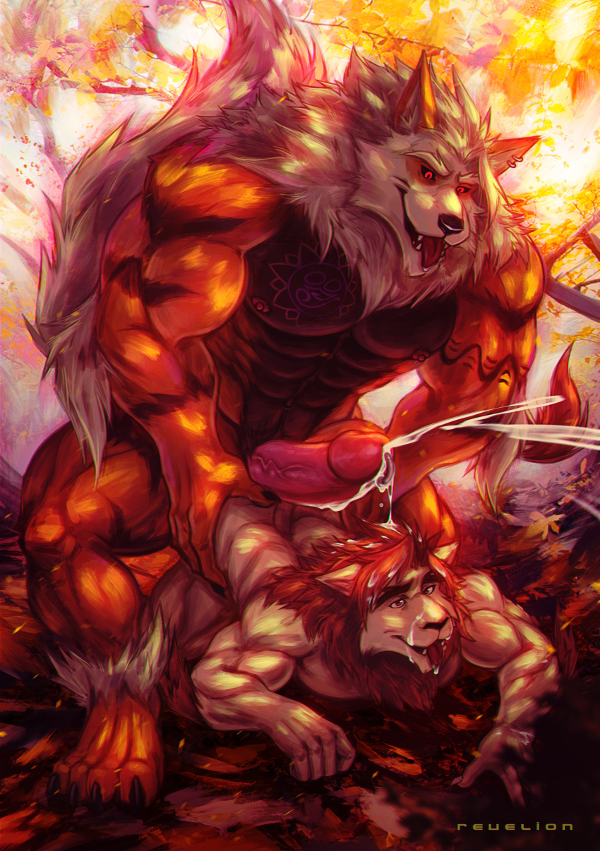 abs absurd_res anthro arcanine biceps black_body black_countershading black_sclera bodily_fluids canid canine claws countershading crouching cum cum_on_back cum_on_face cum_string detailed_background digitigrade duo ear_piercing ejaculation fan_character felid fire fluffy fluffy_tail from_behind_position fur genital_fluids genital_piercing genitals glowing glowing_eyes hair hands_on_waist hi_res hot_dogging humanoid_genitalia humanoid_penis laarx leaf lion looking_down looking_pleasured lying male male/male male_only mammal muscular muscular_anthro muscular_male neck_tuft nintendo nipples on_front orange_body orange_fur pantherine pecs penis penis_piercing piercing pokemon pokemon_(species) prince_albert_piercing red_hair revelion ring sex sharp_teeth size_difference tan_body tan_fur tattoo teeth toe_claws tongue tongue_out tuft vein veiny_penis video_games