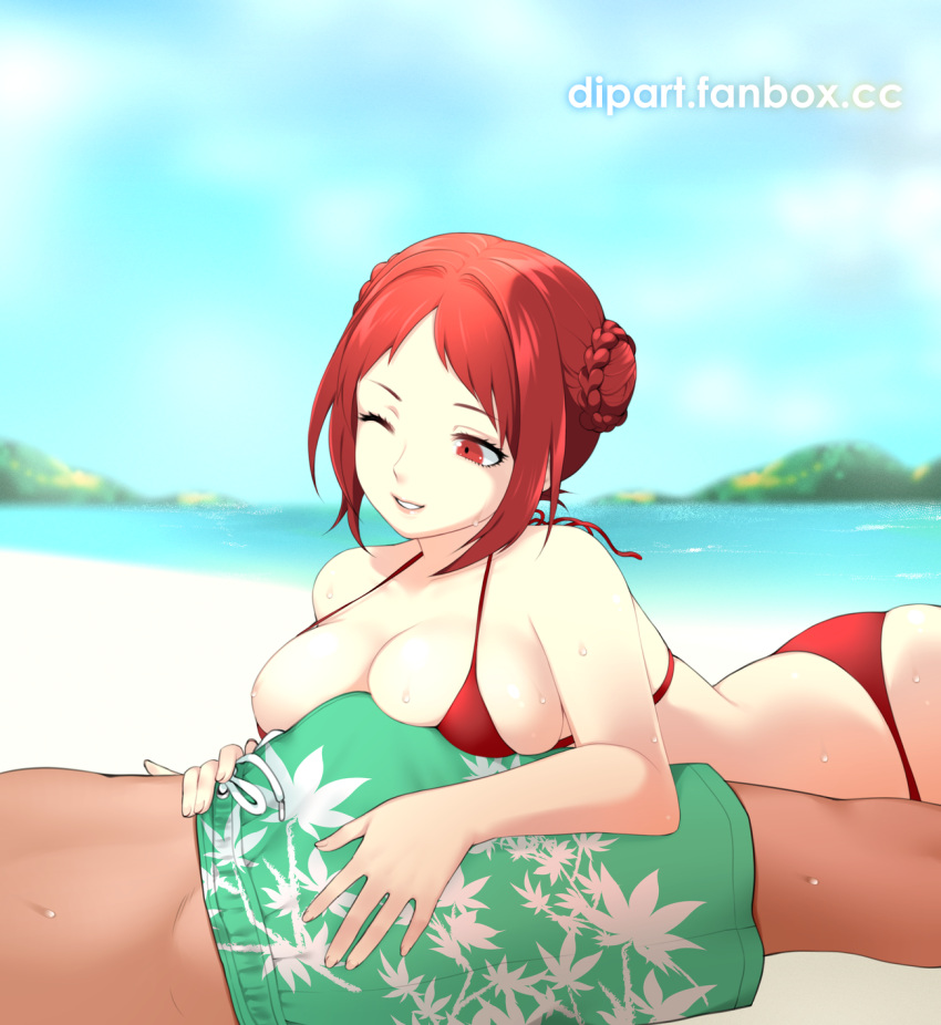 1boy 1girls alternate_costume ass beach bikini breast_press breast_rest breasts breasts_on_penis cleavage dip_art female female_focus fire_emblem fire_emblem:_three_houses fire_emblem_warriors:_three_hopes grin large_breasts male monica_von_ochs nintendo ocean one_eye_closed outdoors penis_bulge red_bikini red_eyes red_hair red_swimsuit rubbing rubbing_penis sand seaside short_hair skindentation smile solo_focus straight sweat swimsuit water