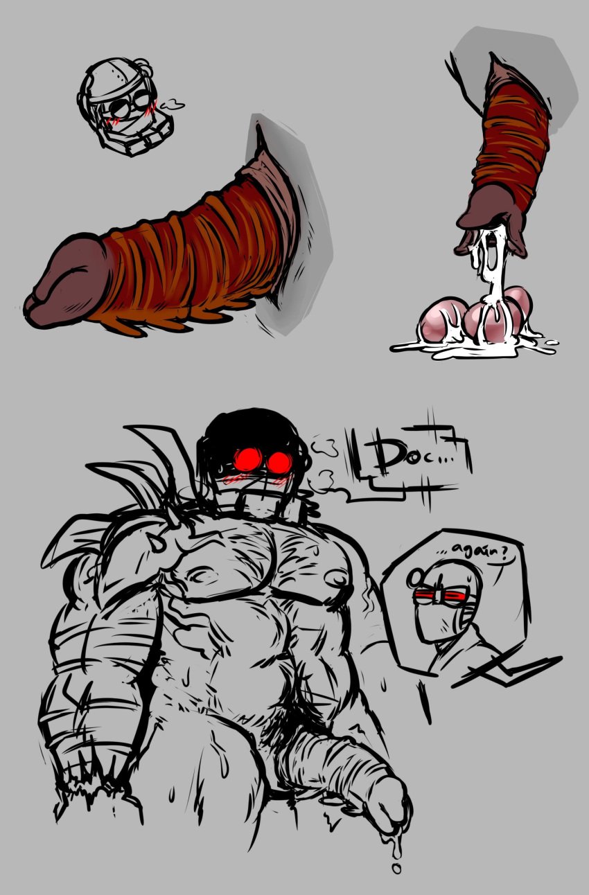 2bdamned blush body_hair cum egg_laying eggs hank_j._wimbleton happy_trail madness_combat male_only muscular muscular_male ovipositor slimiesteel