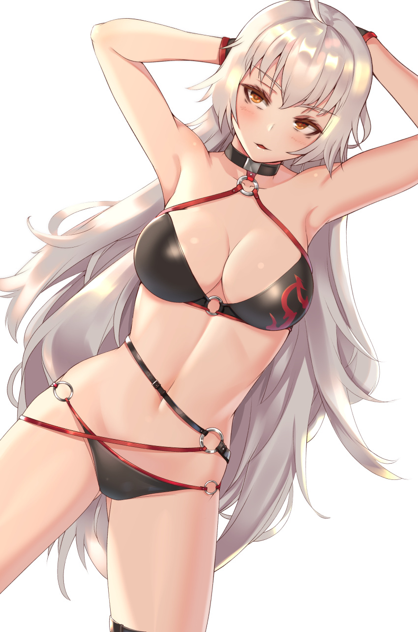 1girls 2020 absurdres ahoge arm_behind_head armpits arms_behind_head bikini black_bikini breasts choker clyde_s commentary fate/grand_order fate_(series) female female_focus female_only highres jeanne_alter jeanne_d'arc_(alter_swimsuit_berserker)_(fate) jeanne_d'arc_(fate) large_breasts long_hair looking_at_viewer o-ring o-ring_bikini open_mouth revision simple_background solo solo_female solo_focus swimsuit thigh_strap very_long_hair white_background white_hair yellow_eyes