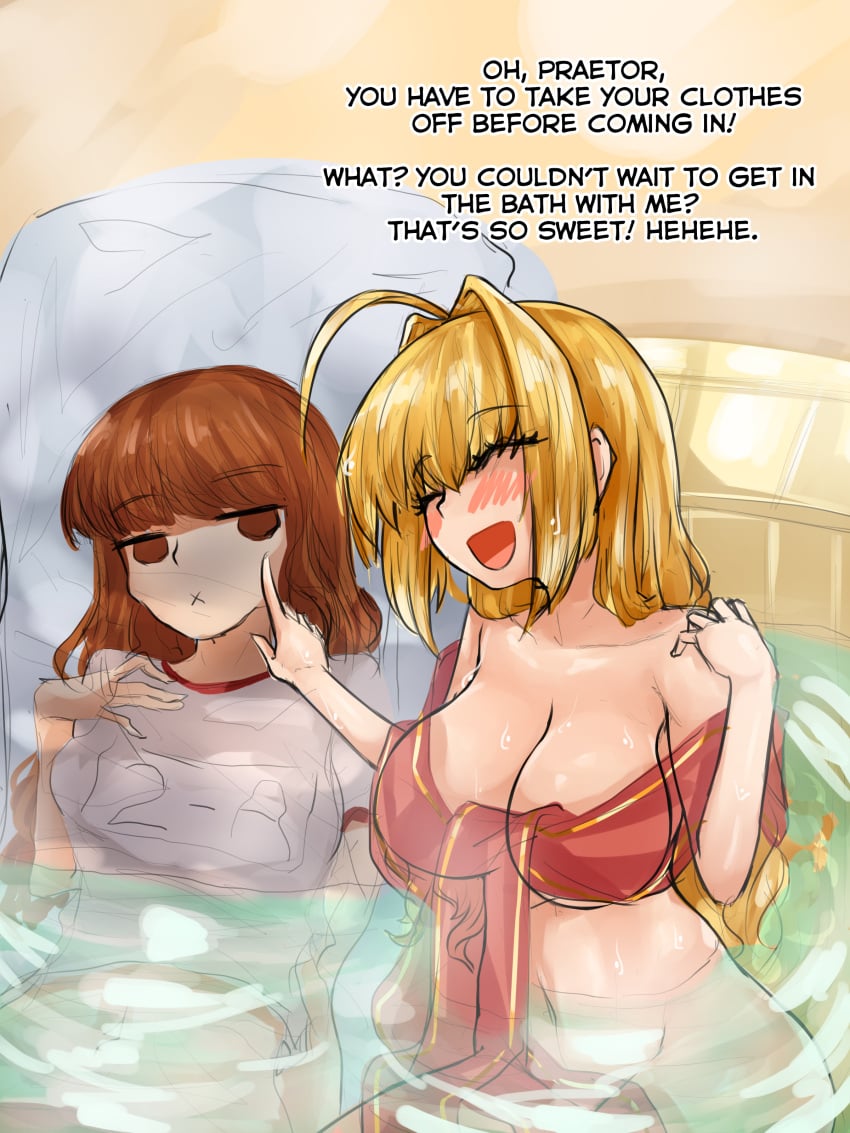 absurd_res busty curvy dakimakura dialogue fate/extra fate/grand_order fate_(series) female hakuno_kishinami highres hot_spring hotsprings nero_claudius_(fate) steamingtofu text wet wet_body