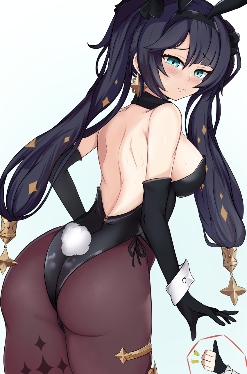 1girls ass black_hair bunny_ears bunnysuit genshin_impact mona_(genshin_impact) scrapy thumbs_up white_background