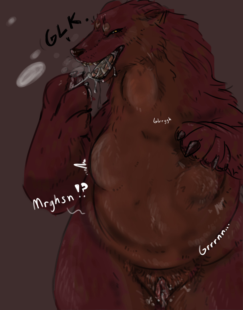 absurd_res anthro belly bodily_fluids canid canine canis digestion_noises digital_media_(artwork) drooling dungeons_and_dragons english_text excessive_drooling female female_pred fur genital_fluids genitals hasbro hi_res human humanoid looking_pleasured mammal mantivvhore neck_bulge nude open_mouth oral oral_vore pussy pussy_juice red_body red_fur rumbling_stomach saliva smile soft_vore solo stomach_bulge swallowing text tongue tongue_out unseen_character unwilling_prey unwilling_vore vore were werecanid werecanine werewolf wizards_of_the_coast wolf