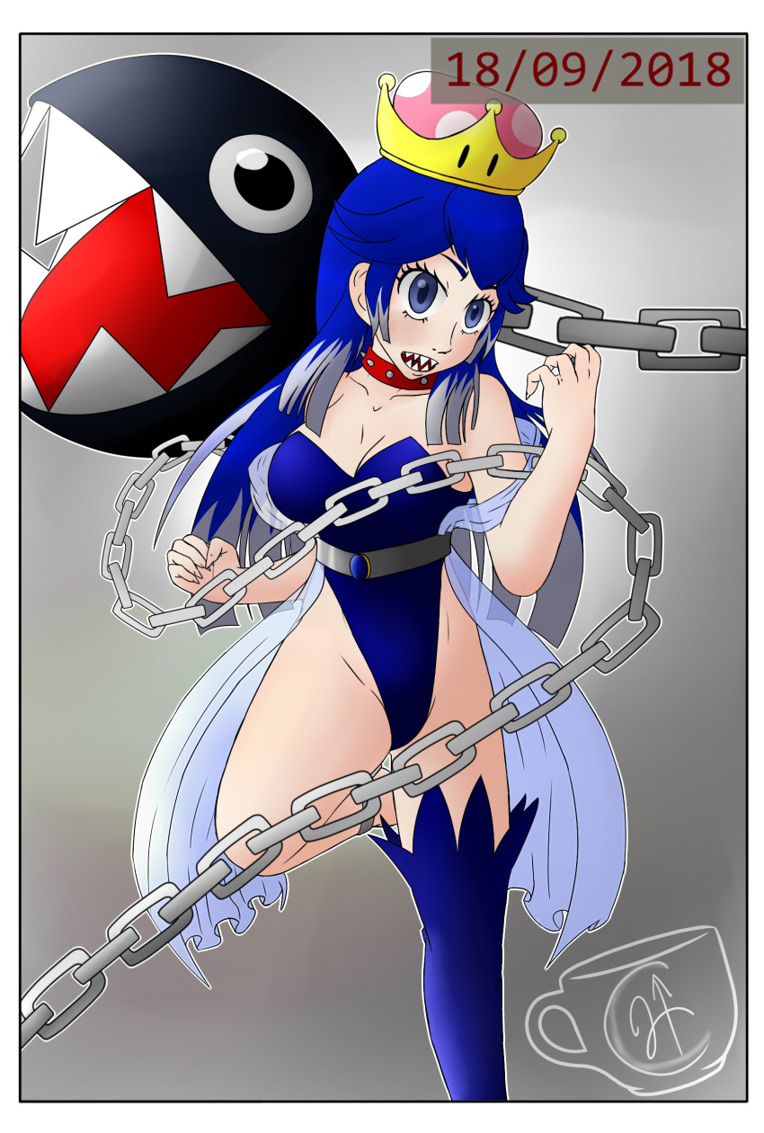 1girls blue_eyes blue_hair chain_chomp chains chompette ed-nsfw humanized long_hair mario_(series) new_super_mario_bros._u_deluxe sharp_teeth super_crown super_mario_bros.