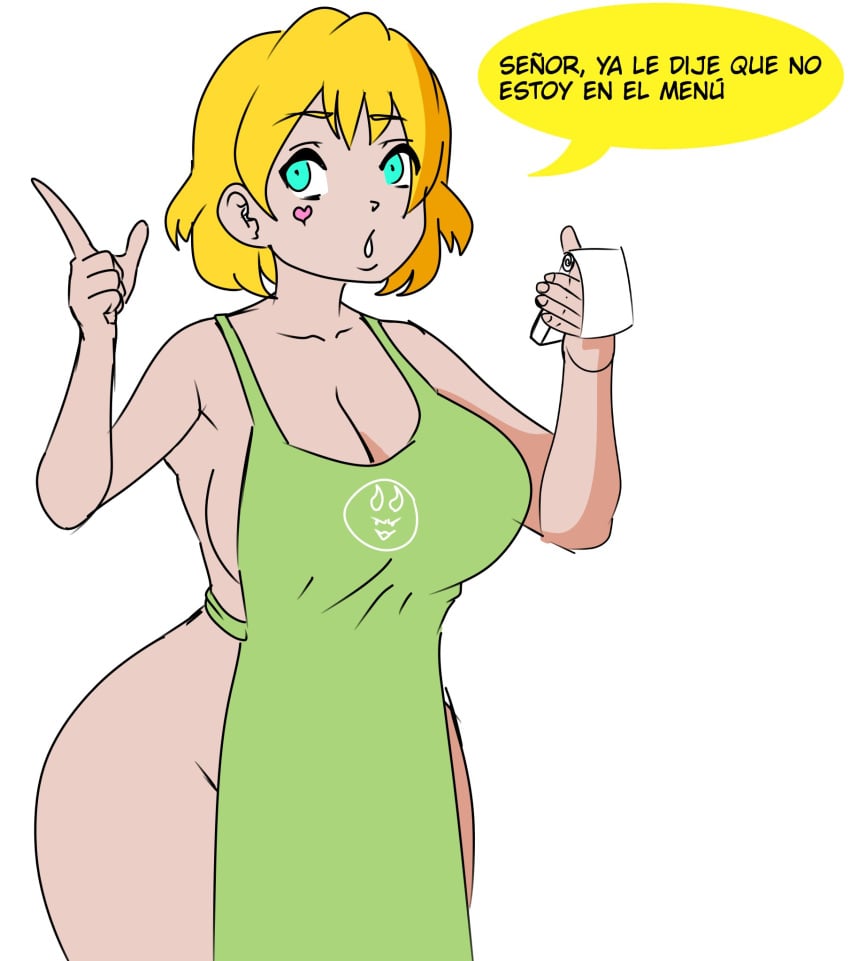 1girls big_breasts blonde_hair choco-girl_(ocida_drawing) cyan_eyes iced_latte_with_breast_milk meme ocida_drawing ocidasilver original shoko_(ocida_drawing) short_hair simple_background sole_female spanish_text text text_bubble