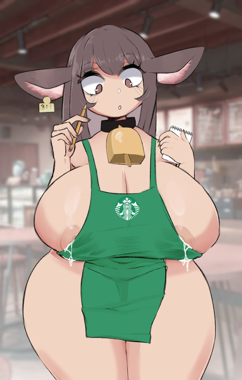 1girls anthro apron apron_only areolae areolae_slip barely_contained belly bovine bursting_breasts chubby cleavage collar confusion cow_ears cow_girl cowbell ear_tag ears_down female_focus female_only functionally_nude hourglass_figure huge_breasts i_mean_breast_milk iced_latte_with_breast_milk kekbun lactating lactation large_breasts long_hair looking_down meme milk mostly_nude naked_apron small_nipples standing starbucks tagme thick_thighs thighs voluptuous waitress waitress_uniform wide_hips