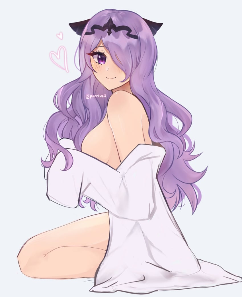 1girls bare_legs blush breasts camilla_(fire_emblem) closed_mouth female female_only fire_emblem fire_emblem_fates from_side full_body hair_over_one_eye heart jacket kneeling long_hair long_sleeves looking_at_viewer medium_breasts naked_jacket nintendo nude nude_female purple_eyes purple_hair purrlucii seiza shirt sitting sleeves_past_wrists smile solo twitter_username very_long_hair wavy_hair white_background white_jacket