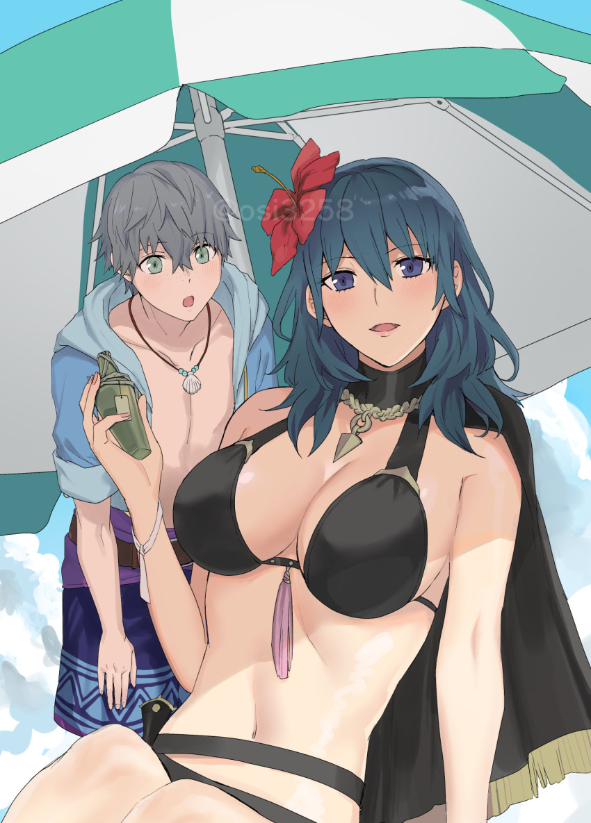 alternate_costume ashe_ubert bikini black_bikini black_swimsuit blue_eyes breasts byleth_(fire_emblem) byleth_(fire_emblem)_(female) byleth_(summer)_(fire_emblem)_(female) cape female female_protagonist fire_emblem fire_emblem:_three_houses fire_emblem_heroes flower hair_flower hibiscus large_breasts light-skinned_female light-skinned_male light_skin looking_at_viewer medium_hair nintendo official_alternate_costume open_mouth osi3258 red_flower sideboob smile swimsuit teal_hair ushiomi