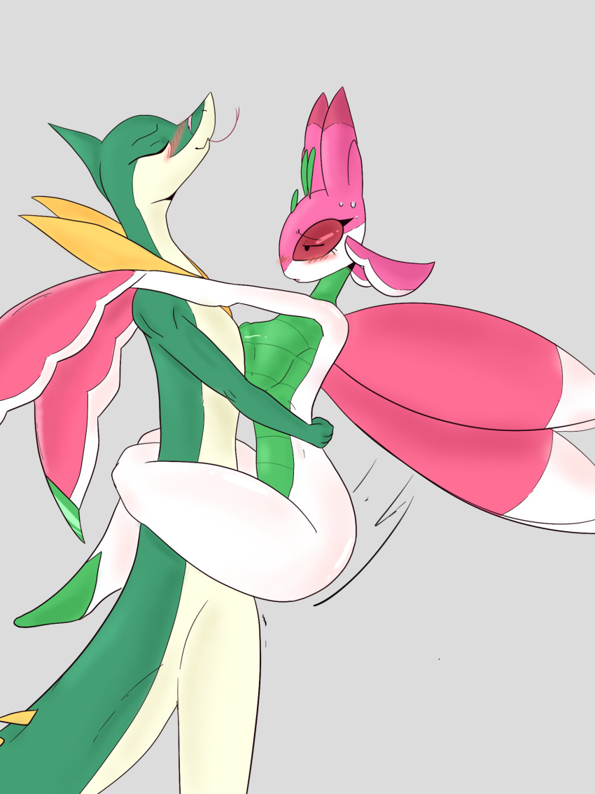 3:4 anthro big_breasts blush breasts closed_eyes duo female hi_res l0ad1ng lora_lentos lurantis male male/female nintendo nude pokemon pokemon_(species) servine sex simple_background stand_and_carry_position standing standing_sex video_games