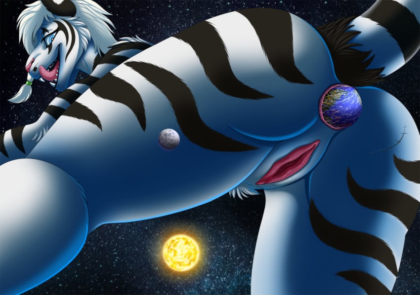 2021 anal anthro destruction earth felid female furrypur genitals looking_back macro mammal markings_(fur) moon pantherine planet pussy size_play space star striped_body stripes sun teeth tiger tongue tongue_out ych_result