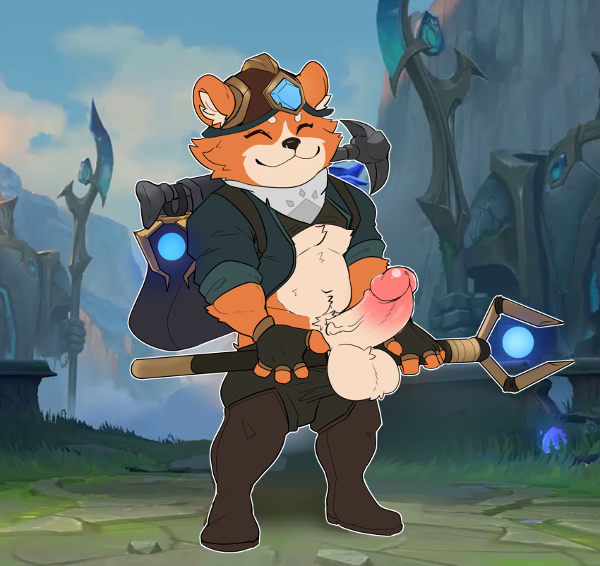 balls bottomwear chubby_male closed_eyes clothed clothing erection explorer fur genitals hat headgear headwear hi_res huge_balls huge_cock humanoid_genitalia league_of_legends mafekoba male male_only nude penis riot_games smile solo teemo topwear video_games yordle