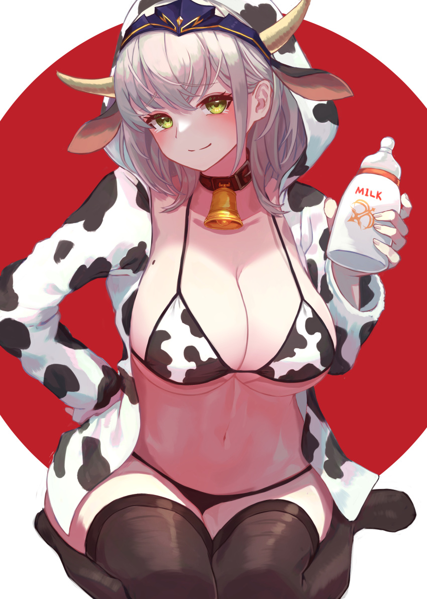 1girls absurdres animal_ears animal_print bell bikini black_legwear breasts closed_mouth collar collarbone cow_bikini cow_ears cow_hood cow_horns cow_print female female_focus female_only green_eyes highres hololive hololive_fantasy hololive_japan horns large_breasts looking_at_viewer milk mole mole_on_breast navel neck_bell red_collar roco_(rocoroco1115) shirogane_noel short_hair silver_hair sitting smile solo solo_female solo_focus swimsuit thighhighs virtual_youtuber wariza