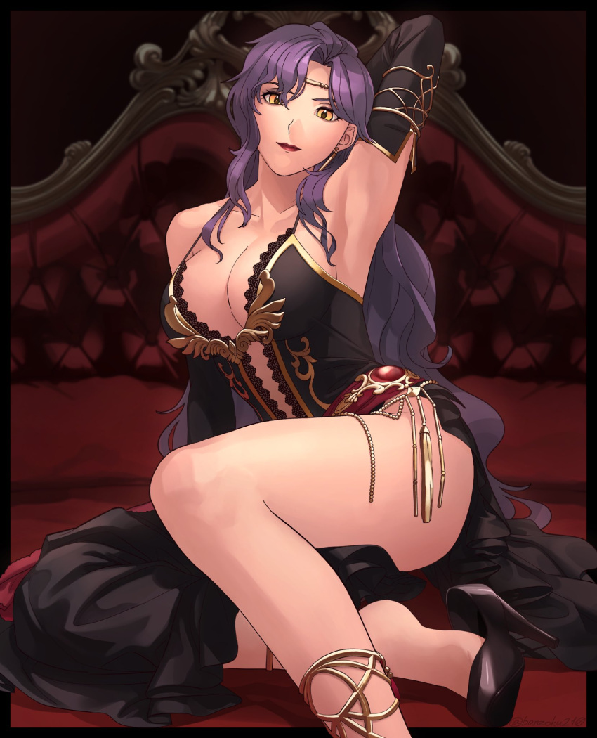 1girls a_(user_vtsy8742) ankle_strap arm_up armpits bangs bare_shoulders bed black_dress black_hair black_legwear breasts circlet cleavage collarbone detached_sleeves dress earrings female fire_emblem fire_emblem:_the_blazing_blade fire_emblem_heroes gold_trim high_heels highres jewelry lips long_hair nintendo no_socks on_bed plunging_neckline side_slit sitting solo sonia_(fire_emblem) thighs yellow_eyes