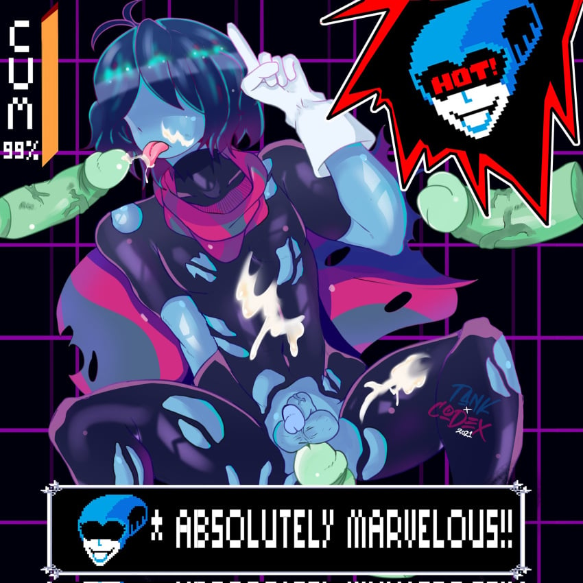 blue_body blue_skin codex1147 cum_on_body cum_on_face deltarune disembodied_penis femboy hair_over_eyes kris_(deltarune) male male/male male_focus male_penetrating queen_(deltarune) ripped_clothing scrimpart yaoi