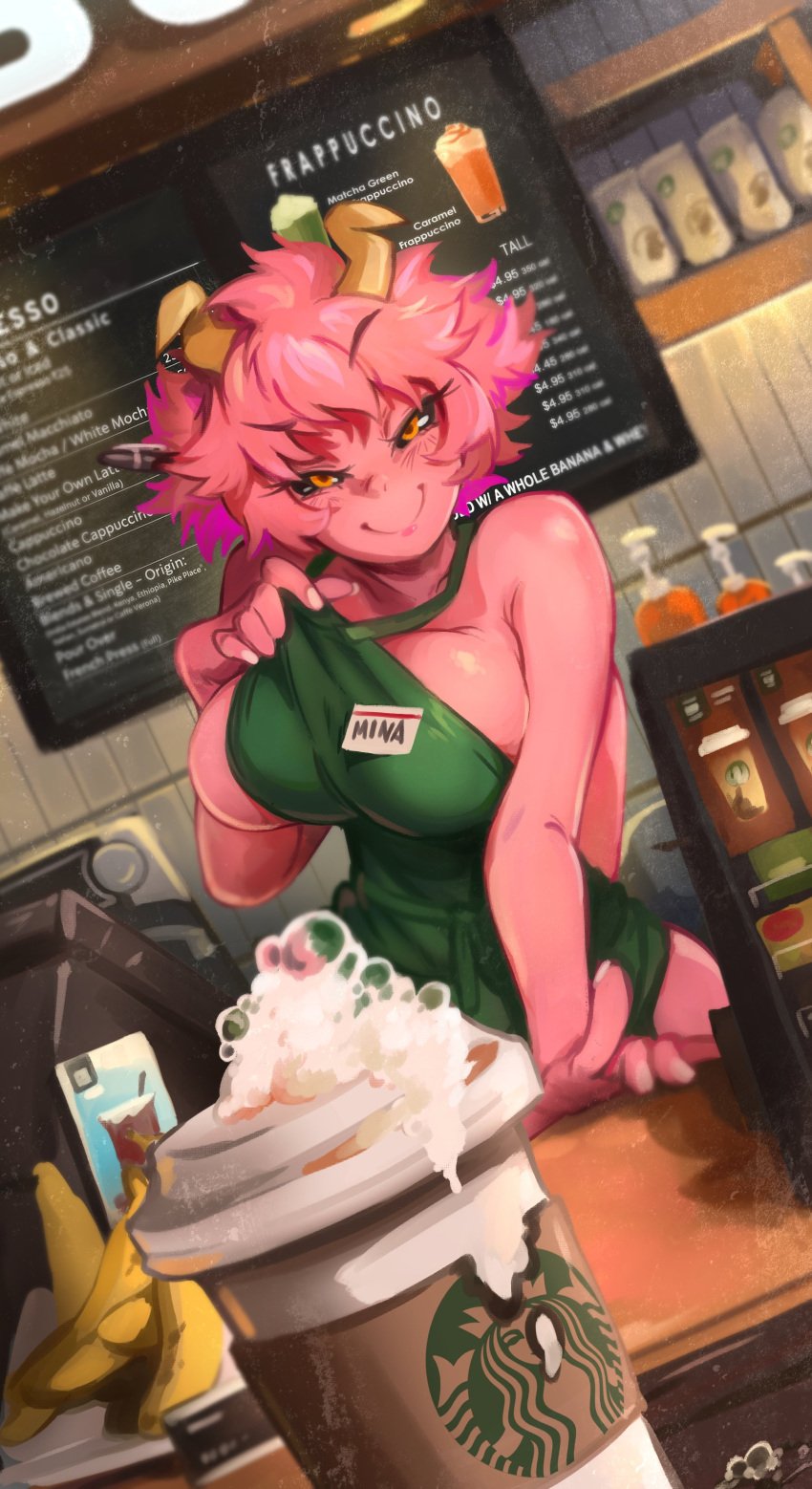 1girls acid apron barista black_sclera blush breast_milk breasts employee employee_uniform female horns huge_breasts iced_latte_with_breast_milk khyleri large_breasts looking_at_viewer meme mina_ashido my_hero_academia naked_apron naughty_face naughty_smile overflowing_breasts pink_hair pink_skin short_hair smile solo starbucks teenage_girl teenager wide_hips yellow_eyes young young_female