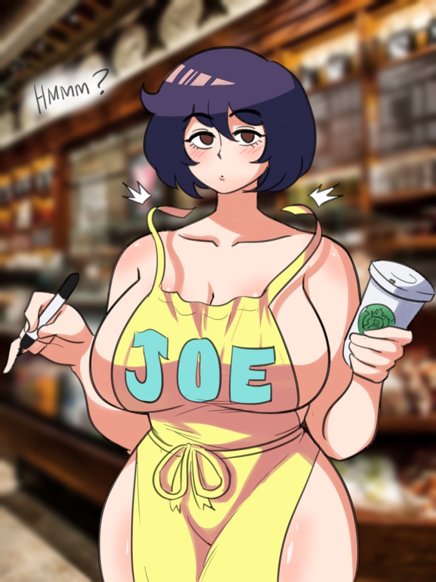 1girls 2021 big_breasts brown_eyes huge_breasts iced_latte_with_breast_milk meme milf naked_apron oblivious purple_hair short_hair solo solo_female tagme thick thick_thighs tina_(tinafate1) tinafate1 wardrobe_malfunction