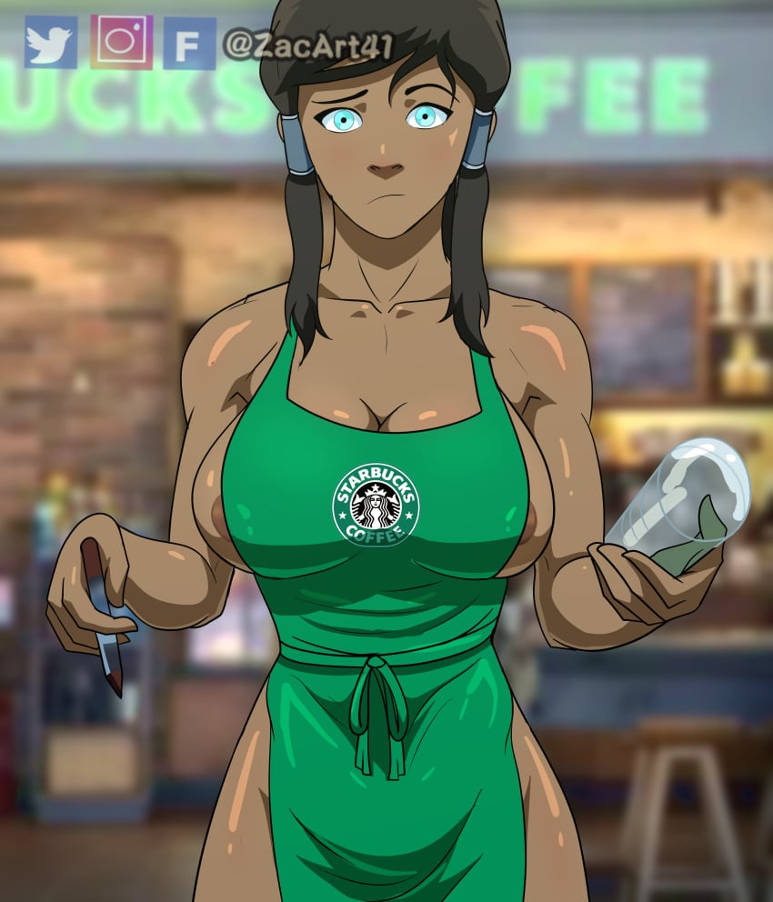 1girls apron artist_name avatar_legends barista black_body blue_eyes brown_hair cup dark-skinned_female dark_skin fast_food female female_only iced_latte_with_breast_milk korra large_breasts meme naked_apron nickelodeon outerwear solo solo_female starbucks straight_hair the_avatar the_legend_of_korra uniform waitress water_tribe zacart41