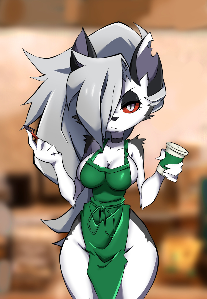 apron big_breasts canine furry hair_over_one_eye hellhound helluva_boss hourglass_figure iced_latte_with_breast_milk looking_at_viewer loona_(helluva_boss) meme naked naked_apron niyuyu one_eye_covered red_eyes