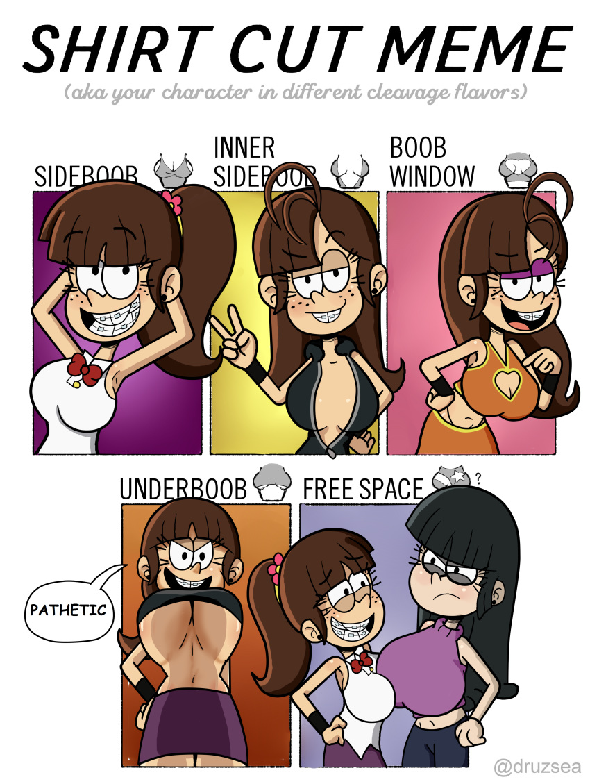 2girls big_breasts boob_window braces breasts clothing comedy druzsea eyeshadow free_space funny humor inner_sideboob lois_loud maggie_(the_loud_house) meme milf mother mother_and_child mother_and_daughter pepemay93 shirt_cut_meme sideboob smile tagme teeth underboob