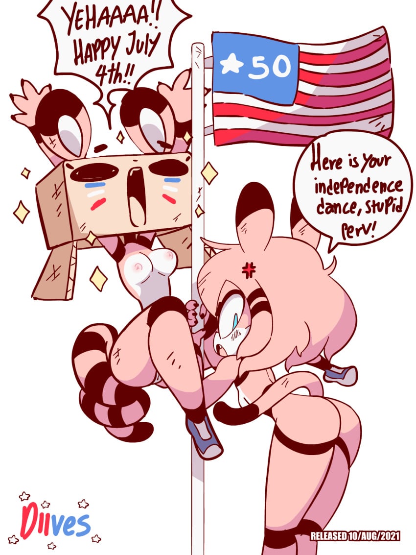 2girls 3:4 4th_of_july american_flag animated anthro anthro_only ass big_butt blue_eyes blush breasts dialogue diives duo english_text felid female female_only flag fur furry furry_only genitals hi_res looking_at_viewer looking_back mammal nipples nude pantherine petite pole profanity pussy short_playtime skinny small_breasts stripper_pole tail talking_to_viewer text tiger xigua xigua_(diives) xingzuo_temple zhongzi_(diives)