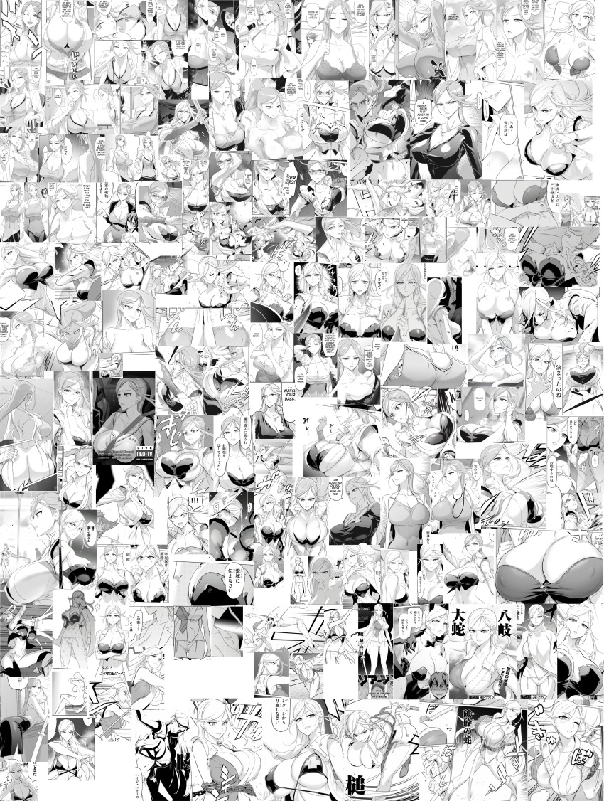 1girls clothing collage compilation female huge_breasts inazuma long_hair manga monochrome sagiri_yuuko satou_shouji swimsuit triage_x