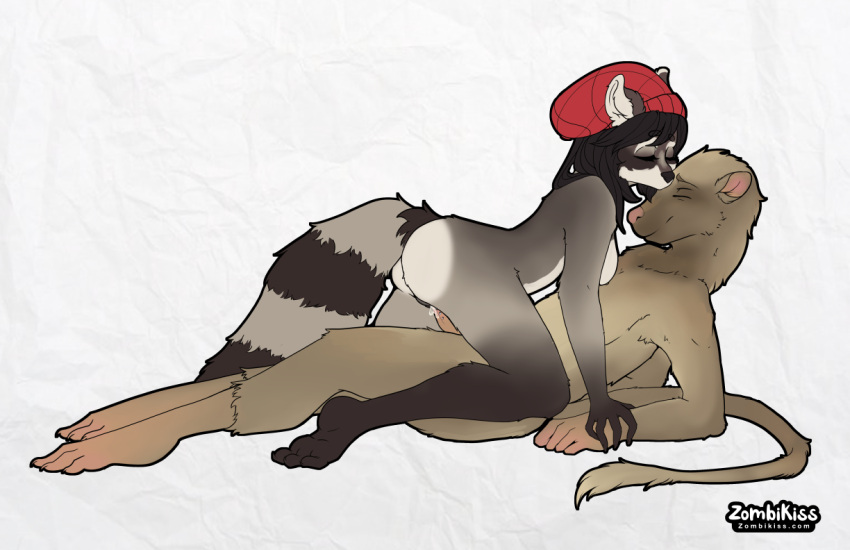 anthro anthro_on_anthro anthro_penetrated anthro_penetrating anthro_penetrating_anthro beanie black_hair blind bodily_fluids breasts brown_body brown_fur closed_eyes clothing cowgirl_(disambiguation) cum cum_inside digital_media_(artwork) duo female female_on_top female_penetrated fur genital_fluids genitals grey_body grey_fur hair hat headgear headwear kissing lying male male/female male_penetrating male_penetrating_female mammal mightypoohead murid murine muzzle_kiss nude on_back on_top penetration penis procyonid raccoon rat rodent sex simple_background vaginal_penetration vaginal_penetration zombikiss