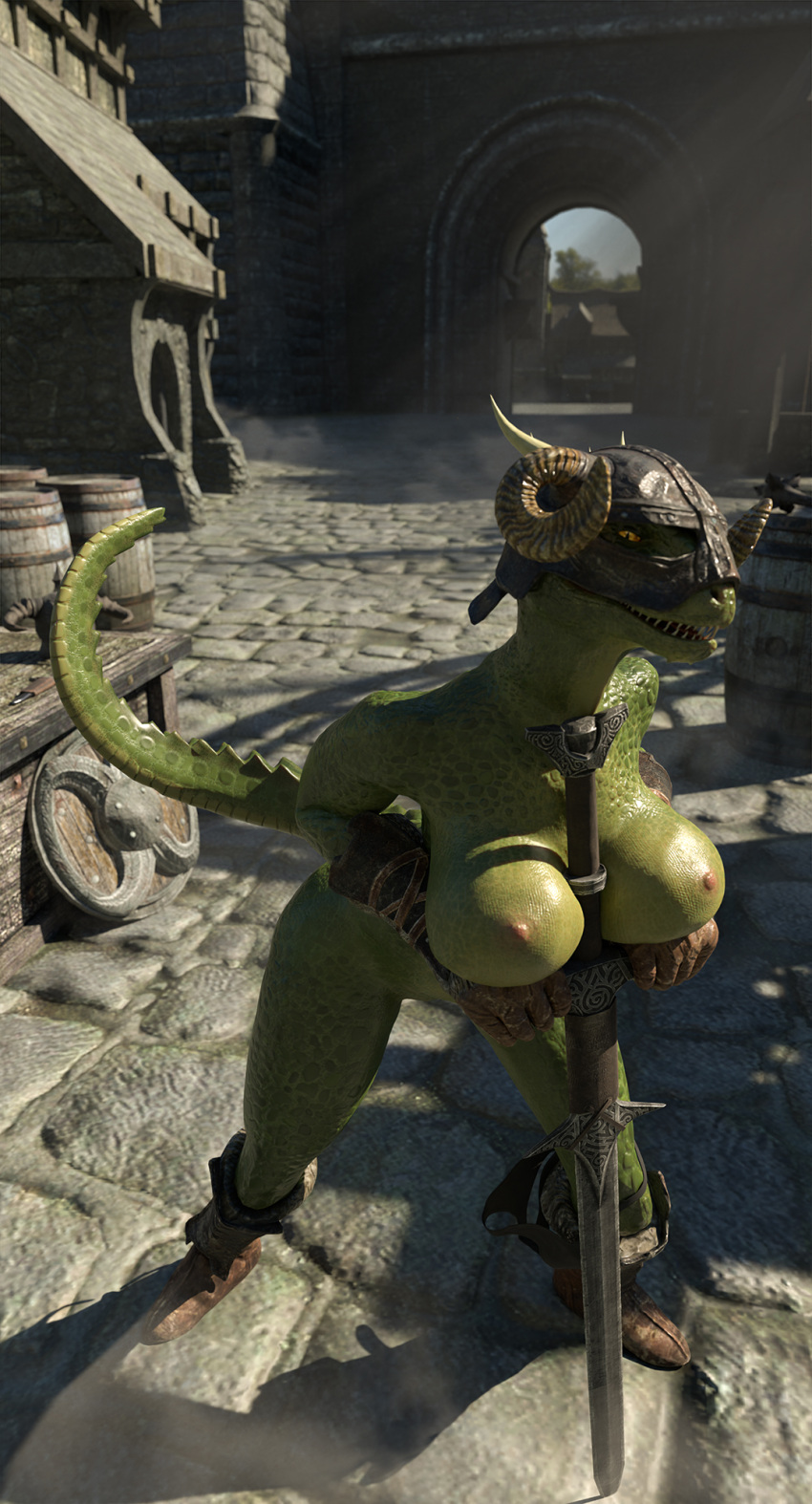 2021 3d 3d_(artwork) anthro argonian armor athletic_female bethesda_softworks blender_(software) boots breasts clothed clothing detailed_background digital_media_(artwork) female footwear gloves green_body green_scales handwear headgear helmet hi_res holding_breast horn leaning leaning_forward lifts-her-tail melee_weapon nipples non-mammal_breasts open_mouth orange_eyes outside partially_clothed portrait raised_tail reptile scales scalie shield solo spiked_tail spikes spikes_(anatomy) standing sword teeth the_elder_scrolls threedeedude video_games weapon