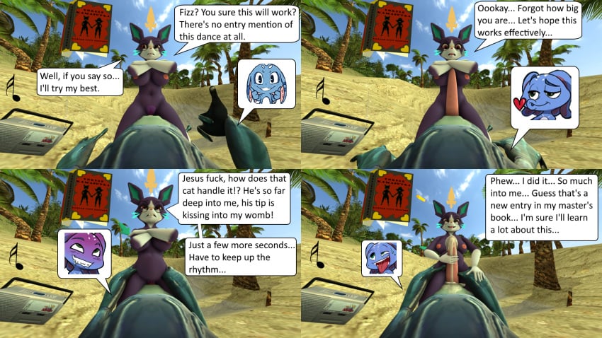 4koma battle_academia_series battle_principal_yuumi beach comic cum_in_pussy cum_inside dance dialogue emotes feline fish fizz_(lol) jayhog1992 league_of_legends penetration radio riding straight text yordle yuumi_(lol)