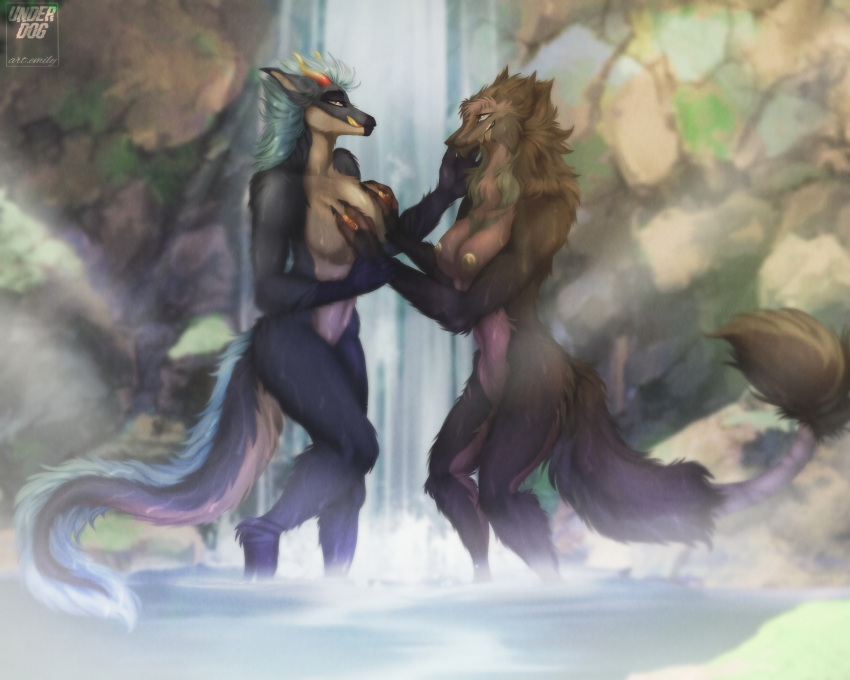 5:4 anthro breasts claws dragon duo emily_art female female/female fur furred_dragon hi_res moksu_(character) sergal water yuri