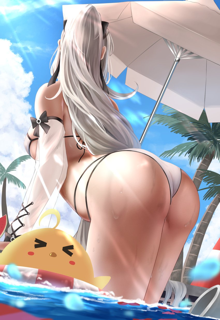 >_< 1girls 2020 absurdres alternate_version_available arched_back ass azur_lane bare_shoulders beach_umbrella bent_over bikini bird blue_sky bow breasts chick cloud day detached_sleeves drake_(azur_lane) drake_(the_golden_hind's_respite)_(azur_lane) female female female_focus female_only from_behind hairbow halterneck highres large_breasts light_rays long_hair manjuu_(azur_lane) multi-strapped_bikini numaguro_(tomokun0808) outdoors palm_tree ponytail see-through silver_hair sky solo solo_female solo_focus standing string_bikini sunbeam sunlight swimsuit thighs tree umbrella wading water wet white_bikini