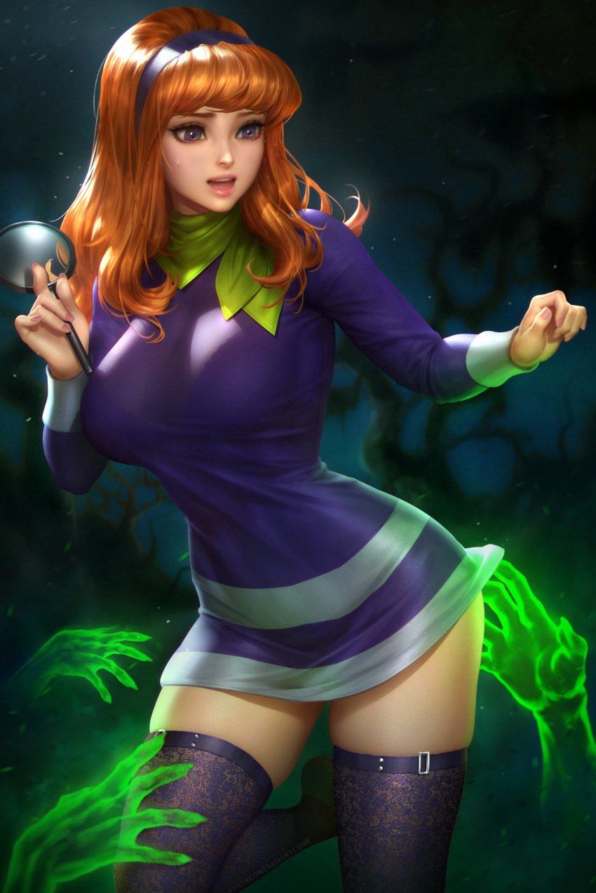 1girls clothed clothed_female clothes clothing daphne_blake edit female female_focus fully_clothed ghost hanna-barbera headband long_hair neoartcore nudtawut_thongmai orange_hair purple_eyes redhead scooby-doo