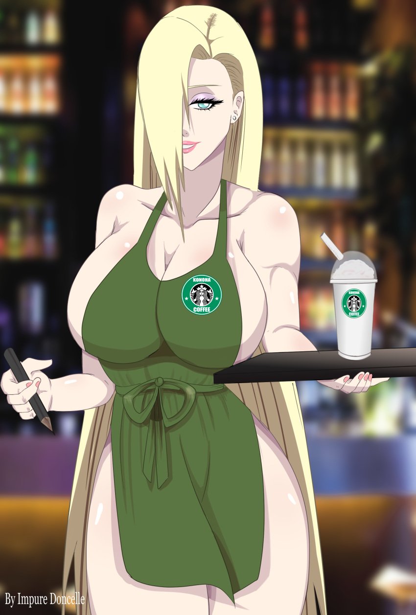 1girls apron apron_only big_breasts blonde_hair boruto:_naruto_next_generations breasts busty cup drink female female_only hair_over_one_eye holding_object iced_latte_with_breast_milk impuredoncelle ino_yamanaka lipstick looking_at_viewer makeup meme milf mostly_nude naked_apron naruto naruto:_the_last naruto_shippuden pen seductive seductive_eyes seductive_look seductive_smile smile tray very_long_hair waitress