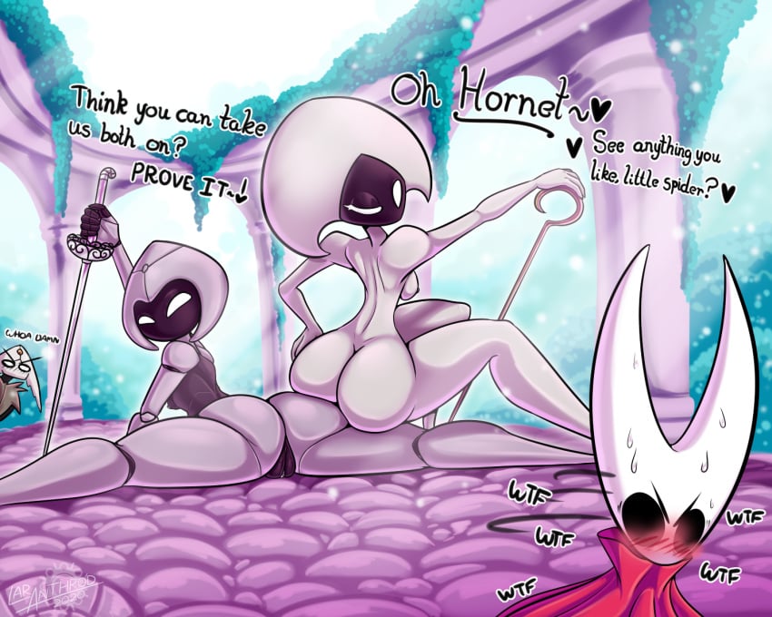 2020 5:4 ambiguous_gender annoyed arthropod ass blush bodily_fluids breasts cape cloak completely_nude completely_nude_female detailed_background dialogue emery_(latiar) english_text fan_character fecharis female flexible full_body genitals group harrold_(latiar) hi_res hollow_knight hornet_(hollow_knight) humanoid lace_(hollow_knight) latiar naked naked_female nude nude_female one_eye_closed presenting presenting_pussy pussy red_cape side_boob silksong splits spread_legs spreading sweat team_cherry teasing text vessel_(species) video_games white_body wink yuri