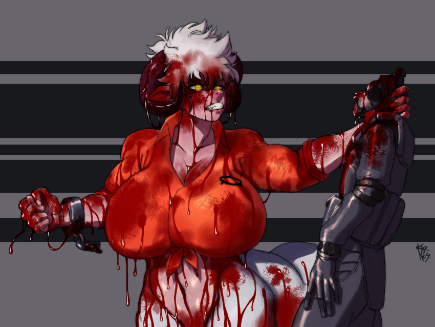 4:3 angry anthro big_breasts blood blood_on_clothing blood_on_face blood_on_hand blood_splatter bodily_fluids bottomless bovid bovid_horn bovid_taur breasts caprine caprine_horn caprine_taur chains clothed clothing corpse darky_karnos death digital_drawing_(artwork) digital_media_(artwork) dripping_blood duo female fur gore grey_body grey_fur grey_hair hair hi_res horn huge_breasts human inmates_clothing killing larger_female lexy_the_sheep_taur male male/female mammal mammal_taur muscular mutilated_face mutilation ram_horn rampage restraints scp-6714 scp_foundation security_guard security_uniform shackles sharp_teeth sheep sheep_taur simple_background size_difference taur teeth tied_clothing yellow_eyes