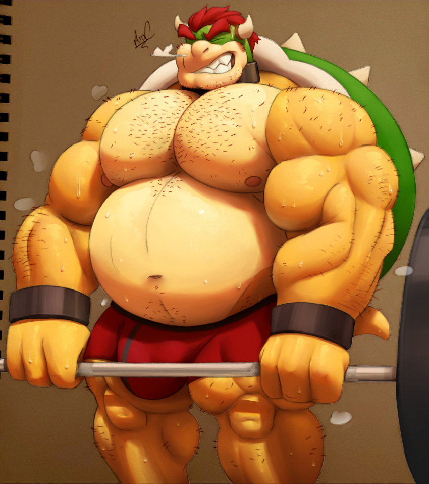 2021 absurd_res anthro ara_chibi arm_hair barazoku barbell belly biceps big_belly big_bulge big_moobs big_muscles big_pecs bodily_fluids body_hair bowser bracelet breath briefs brown_background bulge chest_hair clenched_teeth closed_eyes clothed clothing collaboration collar colored croconut deadlift digital_media_(artwork) exercise eyebrows facial_hair hair hairy hi_res horn huge_bulge huge_muscles jewelry koopa leg_hair male male_only mario_(series) mixed_media moobs musclegut muscular muscular_anthro muscular_male musk navel nintendo nipples pecs scalie shell signature simple_background solo solo_male spiked_shell spikes spikes_(anatomy) standing sweat teeth topless traditional_media_(artwork) underwear video_games weightlifting workout